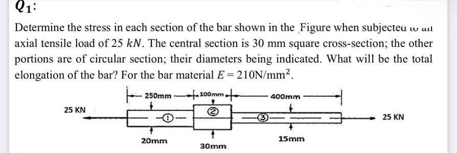 Q1:
Determine the stress in each section of the bar shown in the Figure when subjected w ail
axial tensile load of 25 kN. The central section is 30 mm square cross-section; the other
portions are of circular section; their diameters being indicated. What will be the total
elongation of the bar? For the bar material E = 210N/mm².
250mm
100mm
400mm
25 KN
2
O
25 KN
30mm
20mm
15mm
