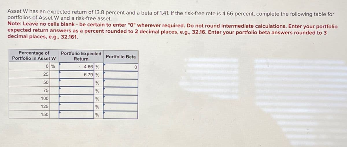 Asset W has an expected return of 13.8 percent and a beta of 1.41. If the risk-free rate is 4.66 percent, complete the following table for
portfolios of Asset W and a risk-free asset.
Note: Leave no cells blank - be certain to enter "O" wherever required. Do not round intermediate calculations. Enter your portfolio
expected return answers as a percent rounded to 2 decimal places, e.g., 32.16. Enter your portfolio beta answers rounded to 3
decimal places, e.g., 32.161.
Percentage of
Portfolio in Asset W
Portfolio Expected
Portfolio Beta
Return
0%
4.66 %
0
25
6.79 %
50
%
75
%
100
%
125
%
150
%