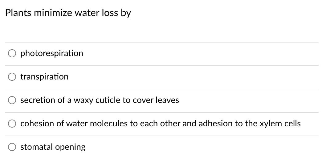 Plants minimize water loss by
photorespiration
transpiration
secretion of a waxy cuticle to cover leaves
cohesion of water molecules to each other and adhesion to the xylem cells
stomatal opening
