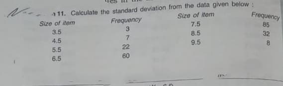 111. Calculate the standard deviation from the data given below :
Size of item
7.5
Frequency
Frequency
Size of item
3.
85
3.5
8.5
32
4.5
22
9.5
8.
5.5
6.5
60
