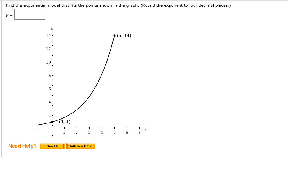 Find the exponential model that fits the points shown in the graph. (Round the exponent to four decimal places.)
У
14
(5, 14)
12
10
8.
6.
4
(0, 1)
1
6.
Need Help?
Read It
Talk to a Tutor
7.
LO
3.
