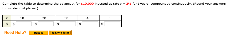 Complete the table to determine the balance A for $10,000 invested at rate r= 2% for t years, compounded continuously. (Round your answers
to two decimal places.)
10
40
20
30
50
2$
Need Help?
Read It
Talk to a Tutor
