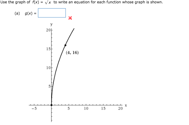 Use the graph of f(x) = Vx to write an equation for each function whose graph is shown.
(a) g(x) =
У
20-
15
(4, 16)
10
х
20
10
15
