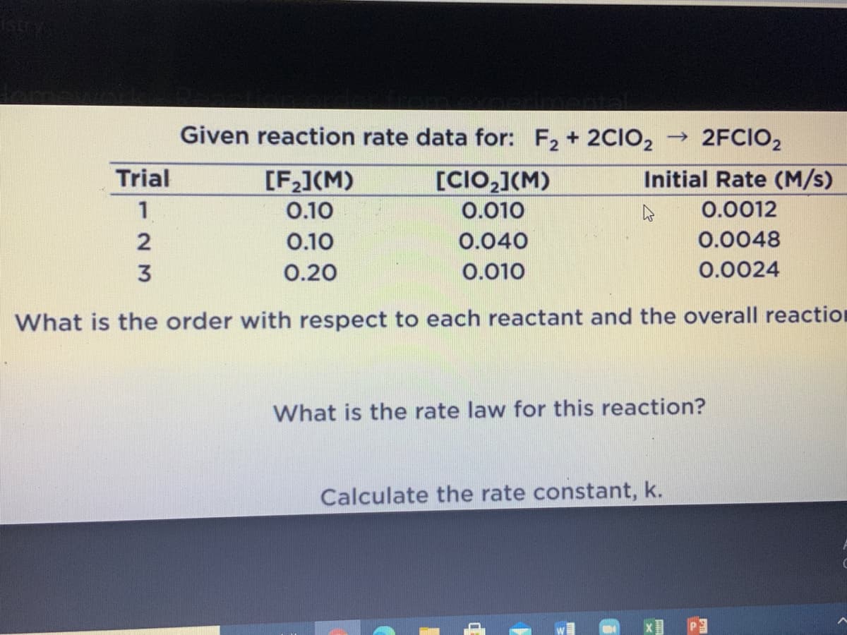 Given reaction rate data for: F2 + 2CIO2
→ 2FCIO2
Trial
[F](M)
[CIO,1(M)
Initial Rate (M/s)
1
0.10
0.010
0.0012
0.10
0.040
0.0048
3
0.20
0.010
0.0024
What is the order with respect to each reactant and the overall reactioR
What is the rate law for this reaction?
Calculate the rate constant, k.
