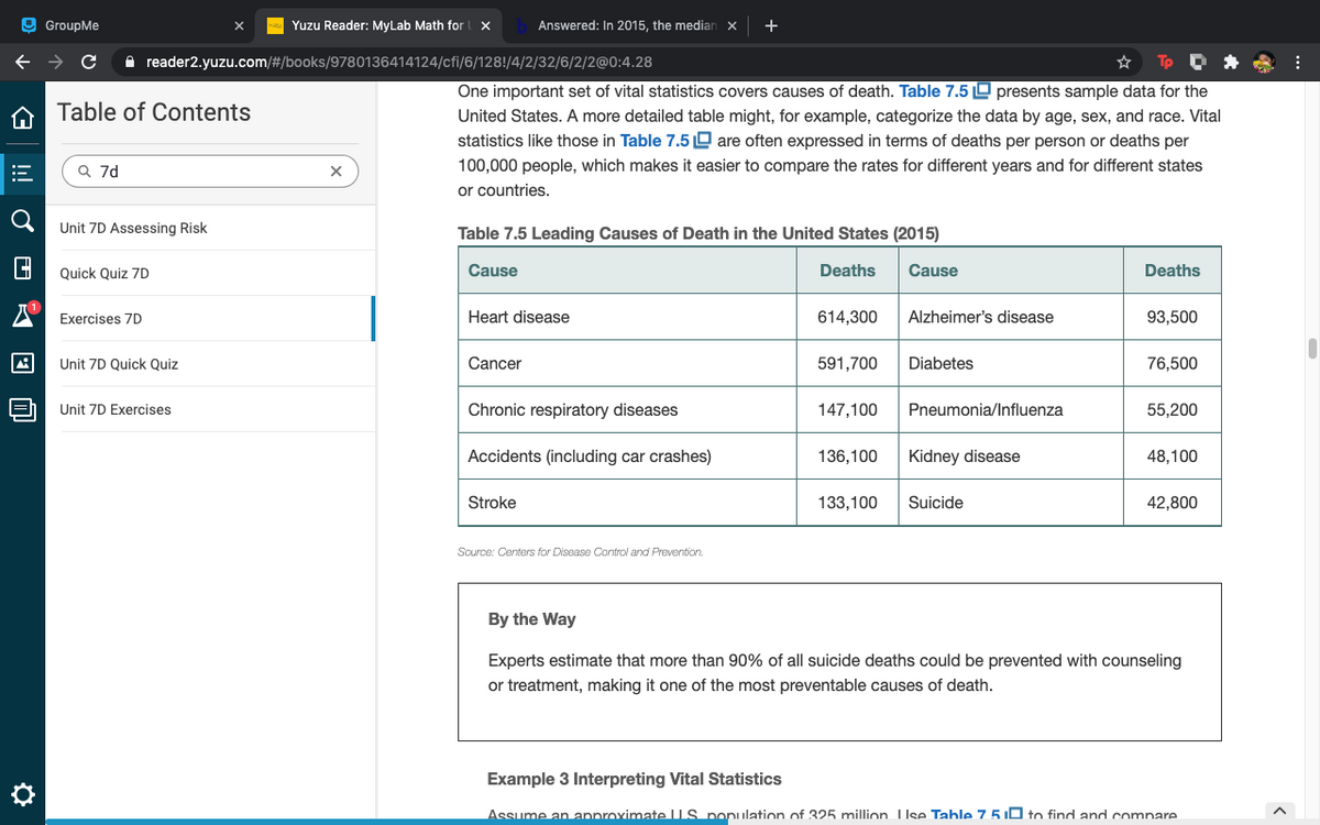 O GroupMe
Yuzu Reader: MyLab Math for
Answered: In 2015, the median x
+
O reader2.yuzu.com/#/books/9780136414124/cfi/6/128!/4/2/32/6/2/2@0:4.28
One important set of vital statistics covers causes of death. Table 7.5 O presents sample data for the
Table of Contents
United States. A more detailed table might, for example, categorize the data by age, sex, and race. Vital
statistics like those in Table 7.5 O are often expressed in terms of deaths per person or deaths per
Q 7d
100,000 people, which makes it easier to compare the rates for different years and for different states
or countries.
Unit 7D Assessing Risk
Table 7.5 Leading Causes of Death in the United States (2015)
Quick Quiz 7D
Cause
Deaths
Cause
Deaths
Exercises 7D
Heart disease
614,300
Alzheimer's disease
93,500
Unit 7D Quick Quiz
Cancer
591,700
Diabetes
76,500
Unit 7D Exercises
Chronic respiratory diseases
147,100
Pneumonia/Influenza
55,200
Accidents (including car crashes)
136,100
Kidney disease
48,100
Stroke
133,100
Suicide
42,800
Source: Centers for Disease Control and Prevention.
By the Way
Experts estimate that more than 90% of all suicide deaths could be prevented with counseling
or treatment, making it one of the most preventable causes of death.
Example 3 Interpreting Vital Statistics
Assume an approximate US ponulation of 325 million. Use Table 7.5 ID to find and compare
!
