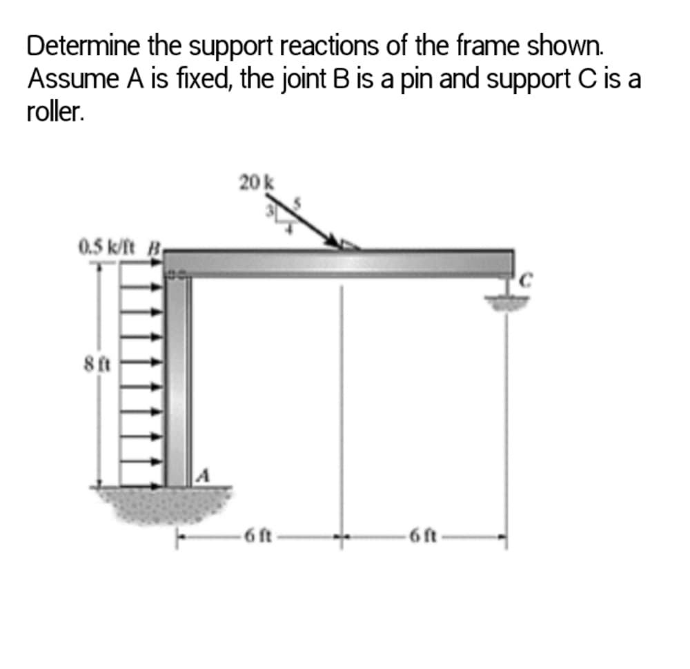 Determine the support reactions of the frame shown.
Assume A is fixed, the joint B is a pin and support C is a
roller.
20 k
0.5 k/ft Br
8 ft
-6ft-
