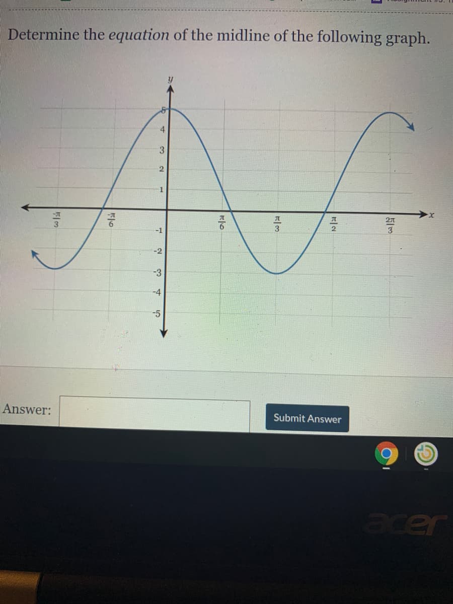 Determine the equation of the midline of the following graph.
4
3
-1
-2
-3
-4
-5
Answer:
Submit Answer
acer
