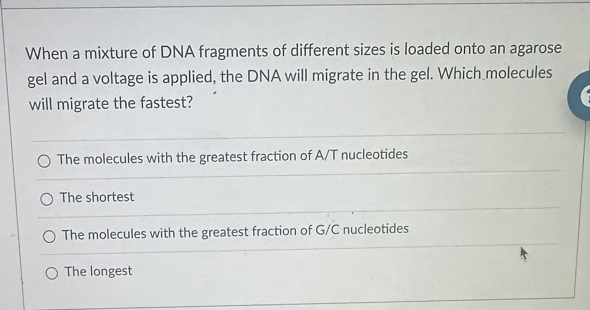 When a mixture of DNA fragments of different sizes is loaded onto an agarose
gel and a voltage is applied, the DNA will migrate in the gel. Which molecules
will migrate the fastest?
O The molecules with the greatest fraction of A/T nucleotides
O The shortest
O The molecules with the greatest fraction of G/C nucleotides
O The longest