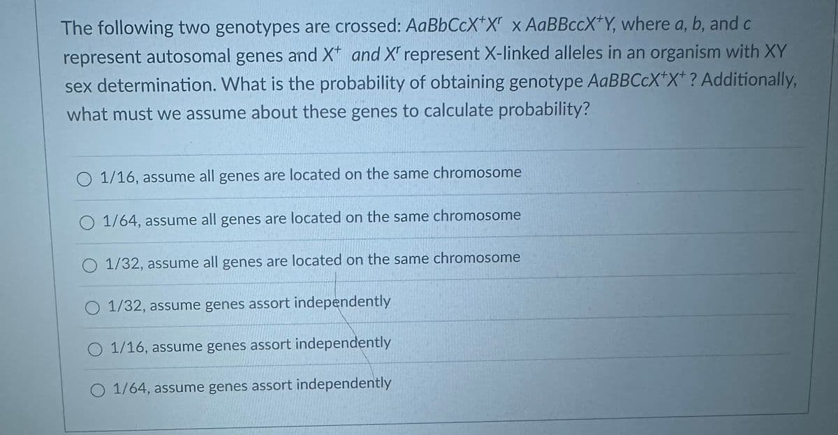 The following two genotypes are crossed: AaBbCcX+X x AaBBCCX+Y, where a, b, and c
represent autosomal genes and X and X' represent X-linked alleles in an organism with XY
sex determination. What is the probability of obtaining genotype AaBBCCX+X+? Additionally,
what must we assume about these genes to calculate probability?
1/16, assume all genes are located on the same chromosome
1/64, assume all genes are located on the same chromosome
O 1/32, assume all genes are located on the same chromosome
1/32, assume genes assort independently
1/16, assume genes assort independently
1/64, assume genes assort independently