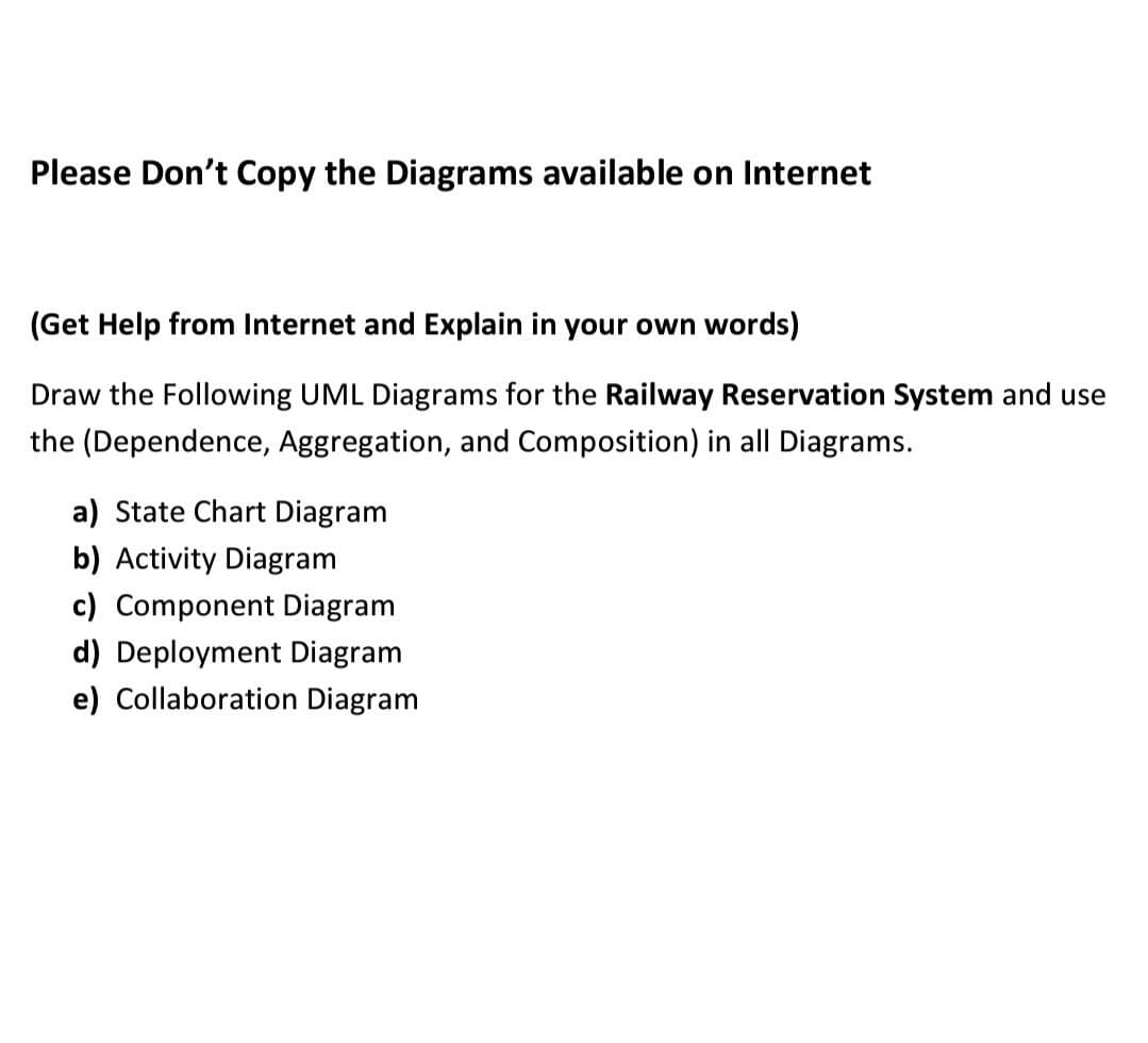 Please Don't Copy the Diagrams available on Internet
(Get Help from Internet and Explain in your own words)
Draw the Following UML Diagrams for the Railway Reservation System and use
the (Dependence, Aggregation, and Composition) in all Diagrams.
a) State Chart Diagram
b) Activity Diagram
c) Component Diagram
d) Deployment Diagram
e) Collaboration Diagram
