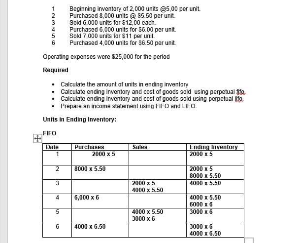 Beginning inventory of 2,000 units @5,00 per unit.
Purchased 8,000 units @ $5.50 per unit.
Sold 6,000 units for $12,00 each.
Purchased 6,000 units for $6.00 per unit.
Sold 7,000 units for $11 per unit.
Purchased 4,000 units for $6.50 per unit.
2
Operating expenses were $25,000 for the period
Required
Calculate the amount of units in ending inventory
Calculate ending inventory and cost of goods sold using perpetual fifo,
Calculate ending inventory and cost of goods sold using perpetual lifo.
Prepare an income statement using FIFO and LIFO.
Units in Ending Inventory:
FIFO
Ending Inventory
2000 x 5
Date
Purchases
Sales
1
2000 x 5
2
8000 x 5.50
2000 x 5
8000 x 5.50
2000 x 5
4000 x 5.50
4000 x 5.50
4
6,000 x 6
4000 x 5.50
6000 x 6
4000 х 5.50
3000 x 6
3000 x 6
4000 х 6.50
3000 x 6
4000 x 6.50
EN3 456
