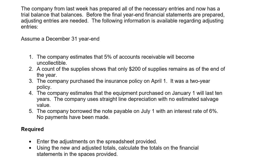 The company from last week has prepared all of the necessary entries and now has a
trial balance that balances. Before the final year-end financial statements are prepared,
adjusting entries are needed. The following information is available regarding adjusting
entries:
Assume a December 31 year-end
1. The company estimates that 5% of accounts receivable will become
uncollectible.
2. A count of the supplies shows that only $200 of supplies remains as of the end of
the year.
3. The company purchased the insurance policy on April 1. It was a two-year
policy.
4. The company estimates that the equipment purchased on January 1 will last ten
years. The company uses straight line depreciation with no estimated salvage
value.
5. The company borrowed the note payable on July 1 with an interest rate of 6%.
No payments have been made.
Required
Enter the adjustments on the spreadsheet provided.
Using the new and adjusted totals, calculate the totals on the financial
statements in the spaces provided.
