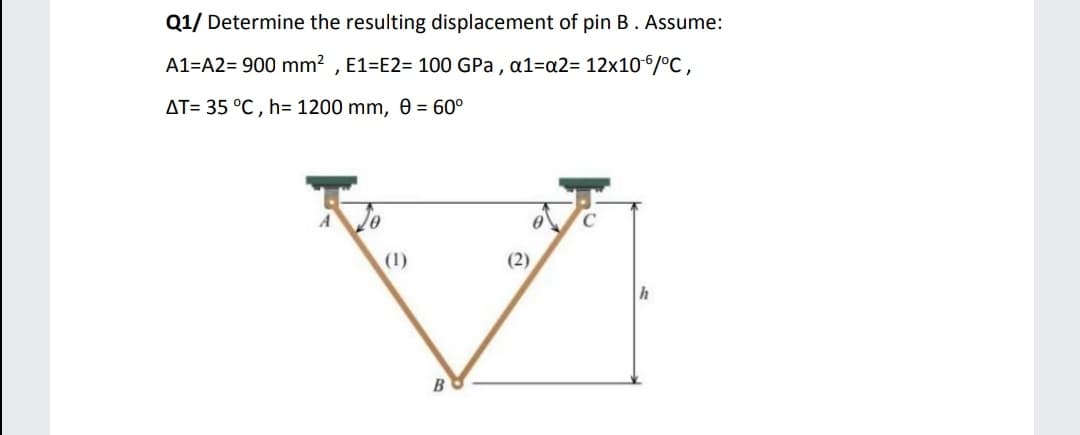 Q1/ Determine the resulting displacement of pin B. Assume:
A1=A2= 900 mm? , E1=E2= 100 GPa , a1=a2= 12x106/°C,
AT= 35 °C , h= 1200 mm, 6 = 60°
(1)
(2)
h
B
