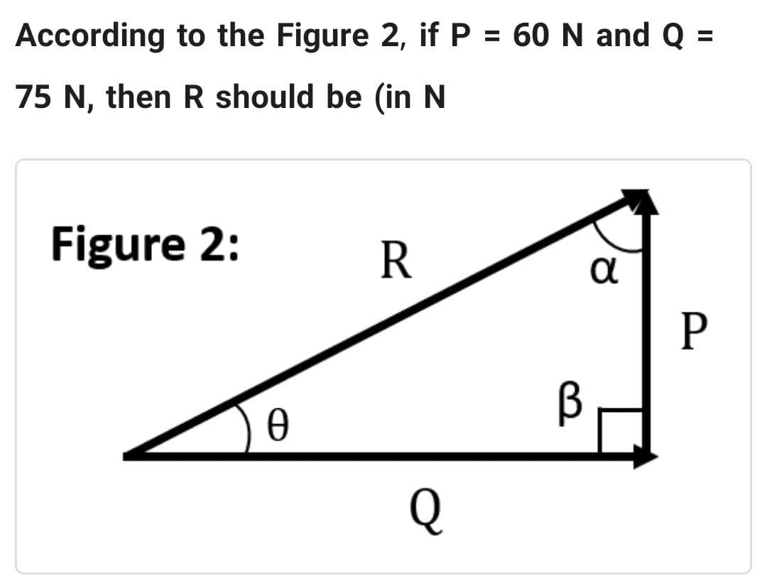 According to the Figure 2, if P = 60 N and Q
75 N, then R should be (in N
Figure 2:
R
α
Ꮎ
Q
В
P