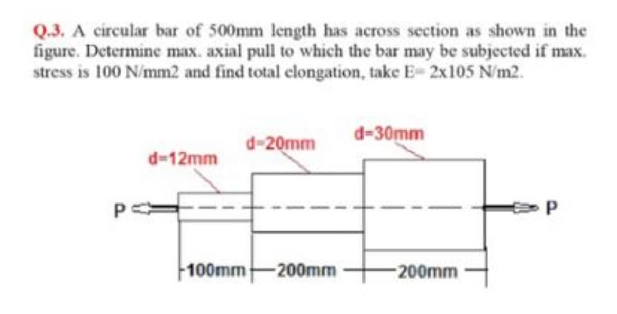 Q.3. A circular bar of 500mm length has across section as shown in the
figure. Determine max. axial pull to which the bar may be subjected if max.
stress is 100 N/mm2 and find total elongation, take E- 2x105 N/m2.
d-20mm
d=30mm
d-12mm
100mm
-200mm
200mm
