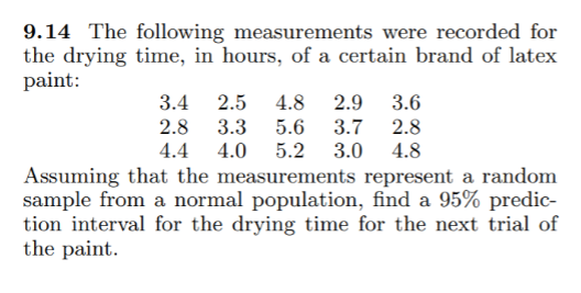9.14 The following measurements were recorded for
the drying time, in hours, of a certain brand of latex
paint:
3.4
2.5
4.8
5.6
5.2
2.9
3.6
2.8 3.3
4.0
4.4
3.7 2.8
3.0
4.8
Assuming that the measurements represent a random
sample from a normal population, find a 95% predic-
tion interval for the drying time for the next trial of
the paint.
