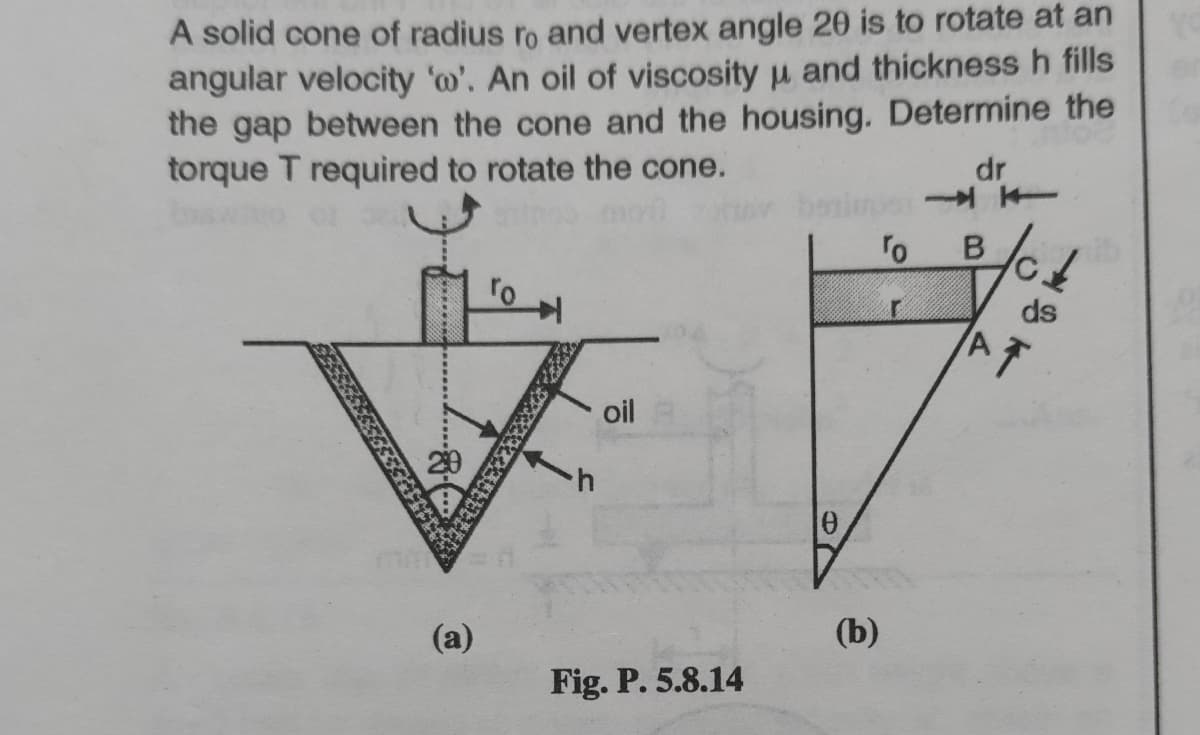 A solid cone of radius ro and vertex angle 20 is to rotate at an
angular velocity 'm'. An oil of viscosity u and thickness h fills
the gap between the cone and the housing. Determine the
torque T required to rotate the cone.
dr
To
ds
oil
(a)
(b)
Fig. P. 5.8.14
