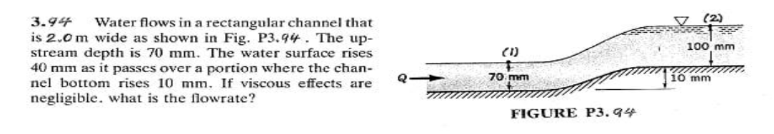 V (2)
3.94
is 2.0 m wide as shown in Fig. P3.94. The up-
stream depth is 70 mm. The water surface rises
40 mm as it passes over a portion where the chan-
nel bottom rises 10 mm. If viscous effects are
Water flows in a rectangular channel that
100 mm
(1)
Q 70 mm
10 mm
negligible. what is the flowrate?
FIGURE P3. 94
