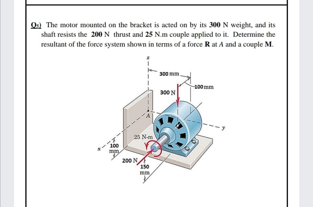 O5) The motor mounted on the bracket is acted on by its 300 N weight, and its
shaft resists the 200 N thrust and 25 N.m couple applied to it. Determine the
resultant of the force system shown in terms of a force R at A and a couple M.
300 mm
100 mm
300 N
25 N.m
100
mm
200 N
150
mm
