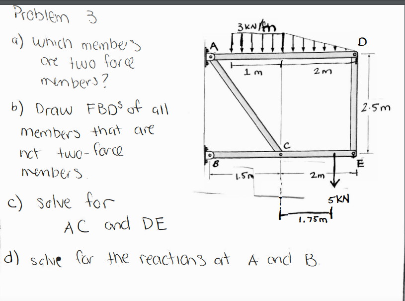 Prcblem 3
a) which membes
ore two force
menbers?
1 m
b) Draw FB of all
2.5m
members that are
nct two- farce
members
2m
c) solve for
AC and DE
5KN
1.75m
d) sclue for the reactions at A nd B.
