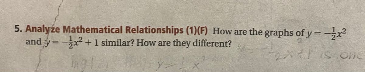 5. Analyźe Mathematical Relationships (1)(F) How are the graphs of y =-x
and y=-x +1 similar? How are they different?
||
IS One
