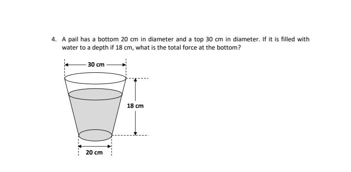 4. A pail has a bottom 20 cm in diameter and a top 30 cm in diameter. If it is filled with
water to a depth if 18 cm, what is the total force at the bottom?
30 cm
18 cm
20 cm
