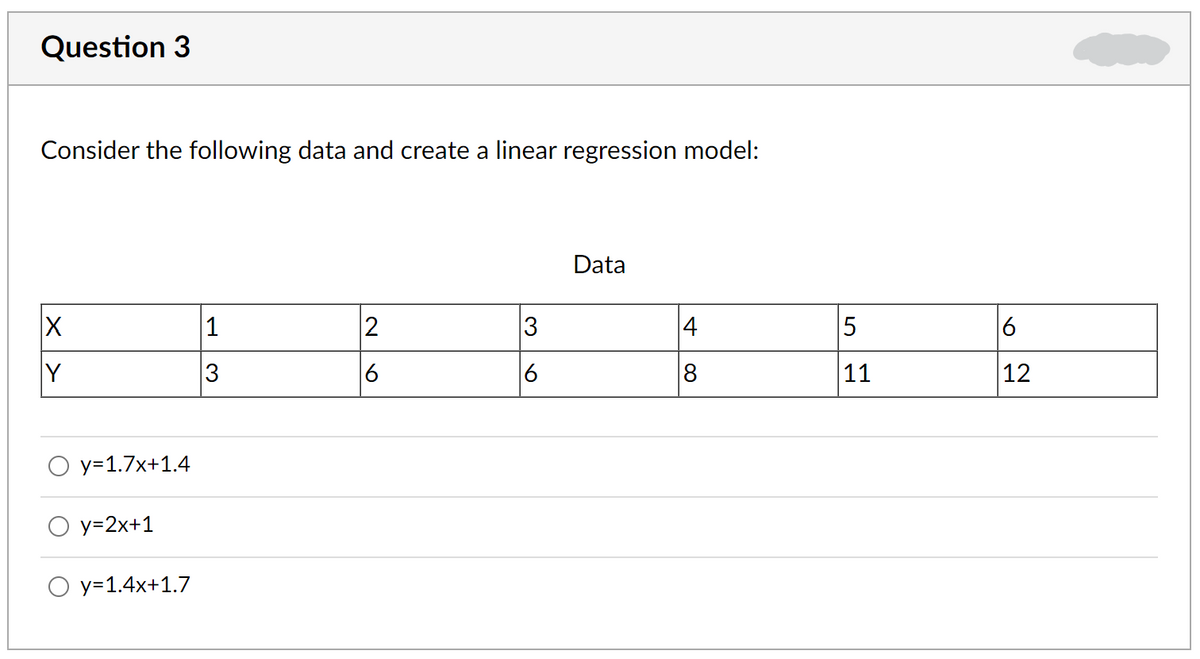 Question 3
Consider the following data and create a linear regression model:
Data
1
2
3
4
Y
3
6
8
11
12
O y=1.7x+1.4
y=2x+1
y=1.4x+1.7
