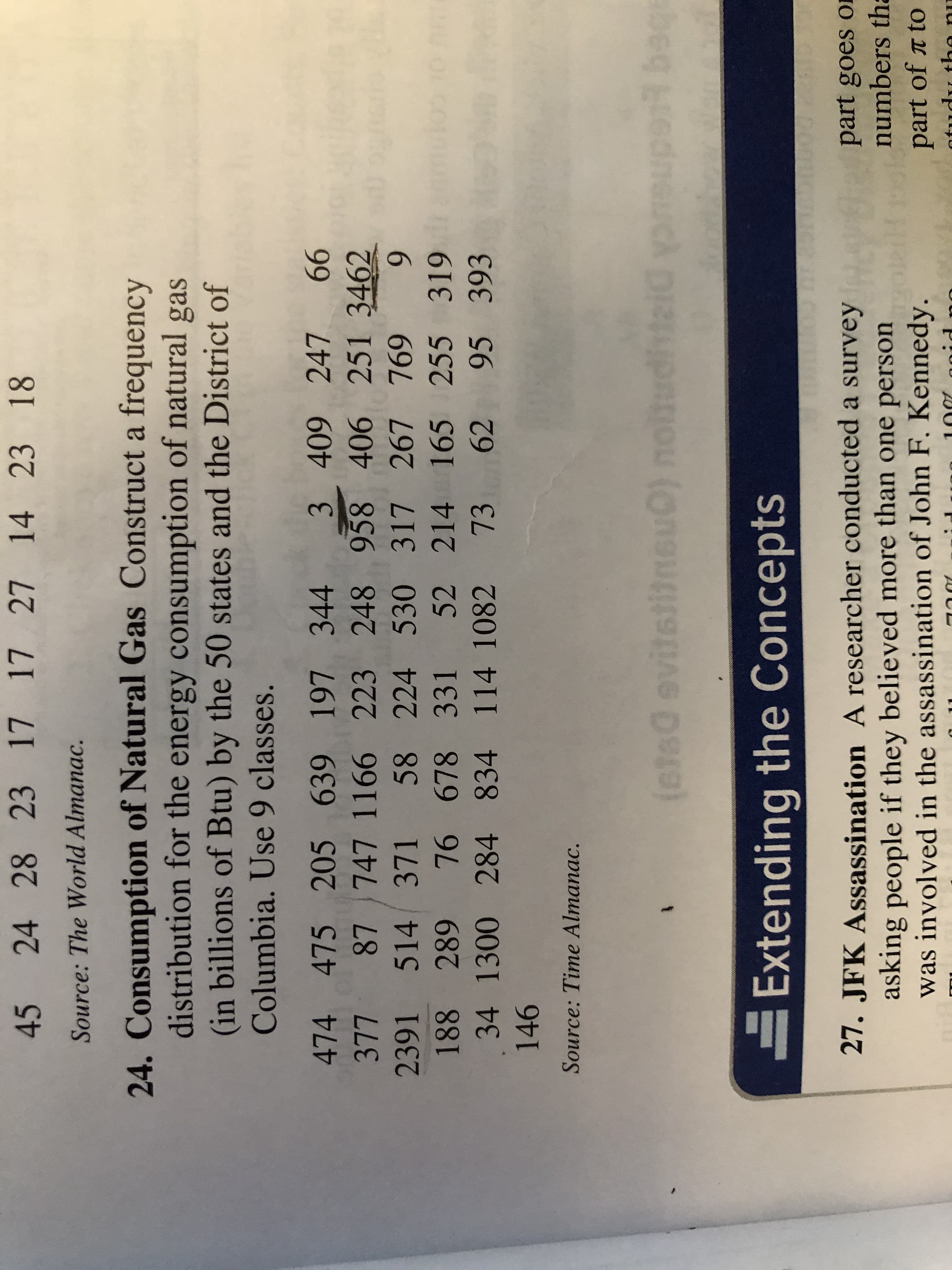 45 24 28 23 17 17 27 14 23 18
Source: The World Almanac.
24. Consumption of Natural Gas Construct a frequency
distribution for the energy consumption of natural gas
(in billions of Btu) by the 50 states and the District of
Columbia. Use 9 classes.
474 475 205 639 197 344
3 409 247 66
377 87 747 1166 223 248 958 406 251 3462
514 37
2391 1
58 224 530 317 267 769
188 289 76 678 331 52 214 165 255 319
34 1300 284 834 114 1082 73 62 95 39
910
Source: Time Almanac.
(etsd evitati
t
DIRIE
abeq dncDi ritinii9urlee tara
Extending the Concepts
27. JFK Assassination A researcher conducted a survey s
part goes o
numbers tha
asking people if they believed more than one person
was involved in the assassination of John F. Kennedy.
part of t to
A00
20
