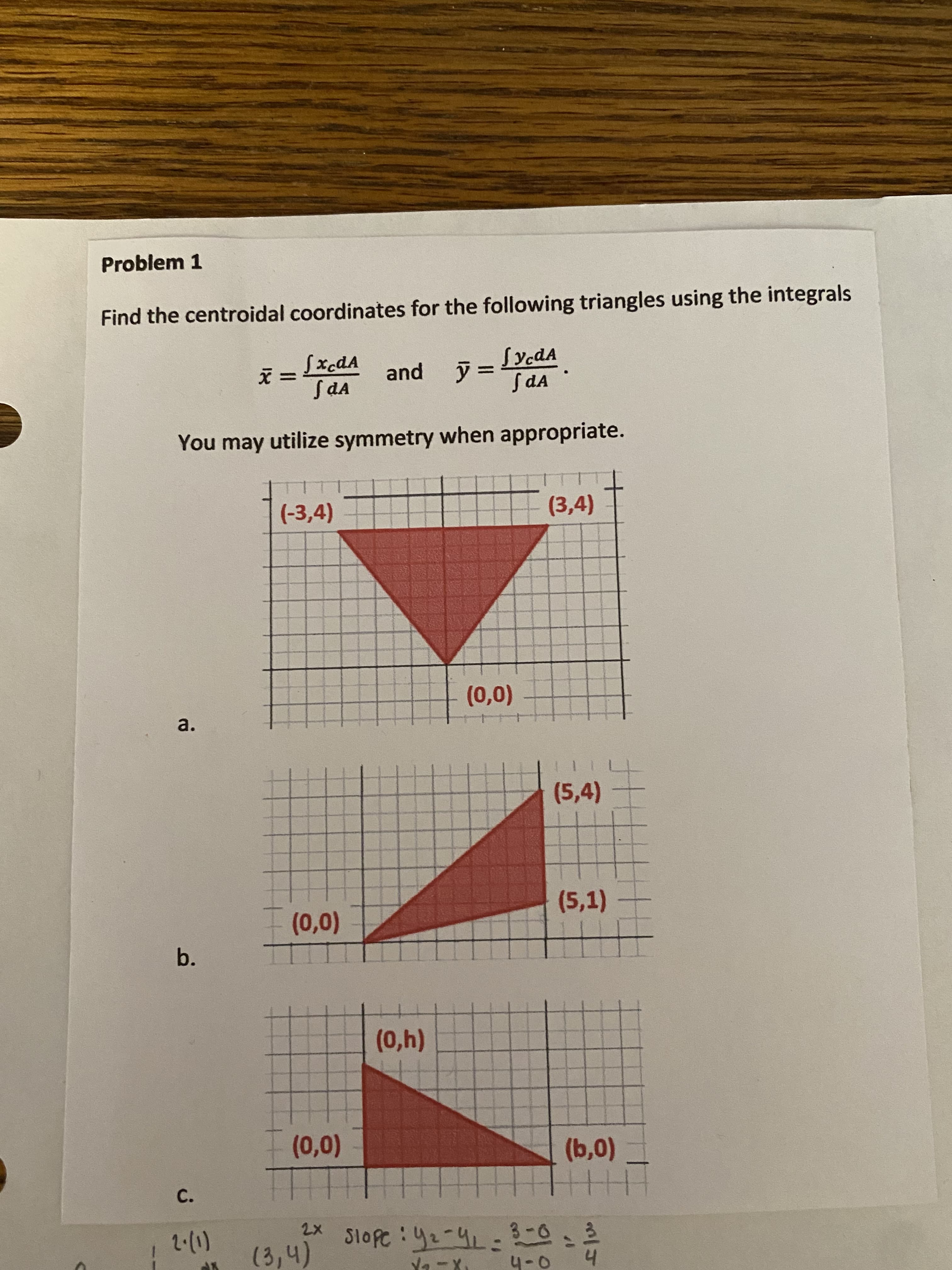 3一4
Problem 1
Find the centroidal coordinates for the following triangles using the integrals
SycdA
S dA
and
%3D
= X
vp S
You may utilize symmetry when appropriate.
(-3,4)
(3,4)
(0,0)
a.
(5,4)
(5,1)
b.
(4'0)
(0)
C.
×て
(3,4)
す Th-てh:8018
(-)
