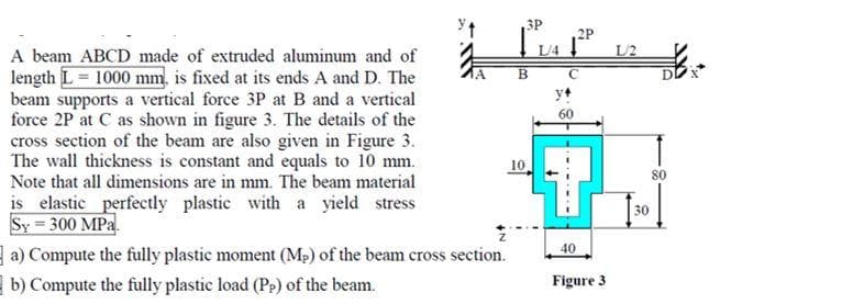 3P
2P
A beam ABCD made of extruded aluminum and of
length L= 1000 mm, is fixed at its ends A and D. The
beam supports a vertical force 3P at B and a vertical
force 2P at C as shown in figure 3. The details of the
cross section of the beam are also given in Figure 3.
The wall thickness is constant and equals to 10 mm.
Note that all dimensions are in mm. The beam material
is elastic perfectly plastic with a yield stress
Sy = 300 MPa.
a) Compute the fully plastic moment (Mp) of the beam cross section.
b) Compute the fully plastic load (Pp) of the beam.
L4
L2
DDX
y+
10
80
30
40
Figure 3
