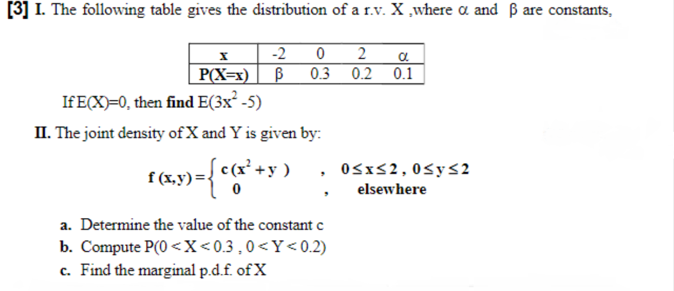 I. The following table gives the distribution of a r.v. X ,where a and B are constants,
-2
2
P(X=x)
0.3
0.2
0.1
If E(X)=0, then find E(3x -5)
