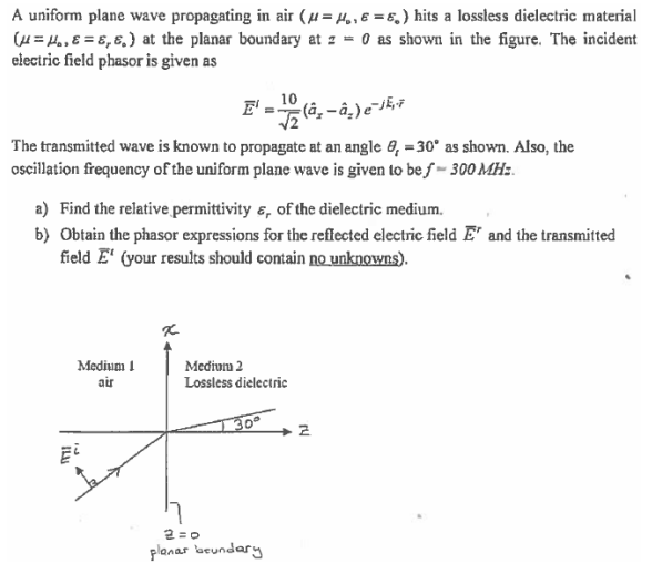 A uniform plane wave propagating in air (µ = H,,€ = 6, ) hits a lossless dielectric material
(4 = H,,8 = 8,8,) at the planar boundary at z = 0 as shown in the figure. The incident
electric field phasor is given as
10
E' = (â, -â.)ek,7
The transmitted wave is known to propagate at an angle 6, = 30° as shown. Also, the
oscillation frequency of the uniform plane wave is given to be f - 300 MH:.
a) Find the relative permittivity &, of the dielectric medium.
b) Obtain the phasor expressions for the reffected electric field E' and the transmitted
field E' (your results should contain no unknowns).
Medium I
air
Medium 2
Lossless dielectric
30
2 =0
planas beundary
ILU
