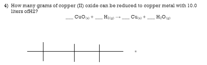 4) How many grams of copper (II) oxide can be reduced to copper metal with 10.0
liters ofH2?
CuO +
H2(G) –
Cus) +
H2O ()
