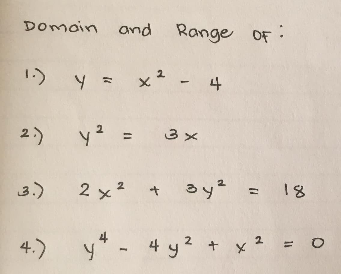 Domoin
and Range OF:
1.) y = x²
Y =
4
2
2.)
3 x
ニ
るy? - 18
2
3.)
2 x2
y* - 4 y
? + x
2
4.)
テ
