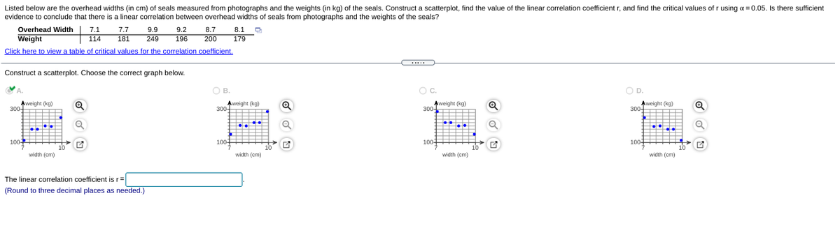 Listed below are the overhead widths (in cm) of seals measured from photographs and the weights (in kg) of the seals. Construct a scatterplot, find the value of the linear correlation coefficient r, and find the critical values of r using a= 0.05. Is there sufficient
evidence to conclude that there is a linear correlation between overhead widths of seals from photographs and the weights of the seals?
Overhead Width
7.1
7.7
9.9
9.2
8.7
8.1
Weight
249
179
114
181
196
200
Click here to view a table of critical values for the correlation coefficient.
Construct a scatterplot. Choose the correct graph below.
OB.
Oc.
OD.
Aweight (kg)
300-
Aweight (kg)
300-
Aweight (kg)
300-
Aweight (kg)
300-
nT"
---
--
.--- --
. ..
---
---
100
1001 ----
10
100-
100+
10
width (cm)
width (cm)
width (cm)
width (cm)
The linear correlation coefficient is r=
(Round to three decimal places as needed.)
