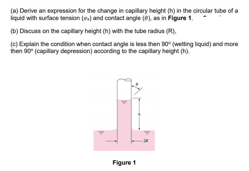 (a) Derive an expression for the change in capillary height (h) in the circular tube of a
liquid with surface tension (os) and contact angle (0), as in Figure 1.
(b) Discuss on the capillary height (h) with the tube radius (R),
(c) Explain the condition when contact angle is less then 90° (wetting liquid) and more
then 90° (capillary depression) according to the capillary height (h).
2R
Figure 1
