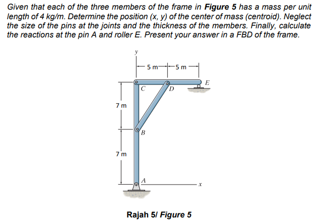 Given that each of the three members of the frame in Figure 5 has a mass per unit
length of 4 kg/m. Determine the position (x, y) of the center of mass (centroid). Neglect
the size of the pins at the joints and the thickness of the members. Finally, calculate
the reactions at the pin A and roller E. Present your answer in a FBD of the frame.
5m-
-5 m
E
C
7m
B.
7 m
Rajah 5/ Figure 5
