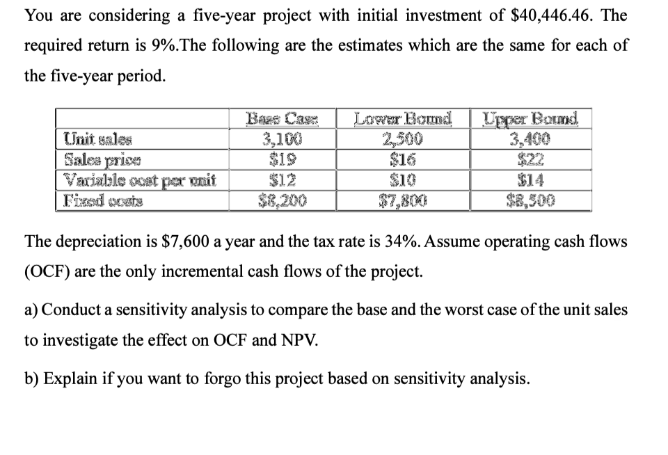 You are considering a five-year project with initial investment of $40,446.46. The
required return is 9%.The following are the estimates which are the same for each of
the five-year period.
Upper Bound
3,400
$22
$14
Base Case
Unit sales
Salea prise
Variable ocst par onif
Fized oosts
3,100
$19
$12
Lower Bound
2,500
$16
$10
$8,200
$7,800
$8,500
The depreciation is $7,600 a year and the tax rate is 34%. Assume operating cash flows
(OCF) are the only incremental cash flows of the project.
a) Conduct a sensitivity analysis to compare the base and the worst case of the unit sales
to investigate the effect on OCF and NPV.
b) Explain if you want to forgo this project based on sensitivity analysis.
