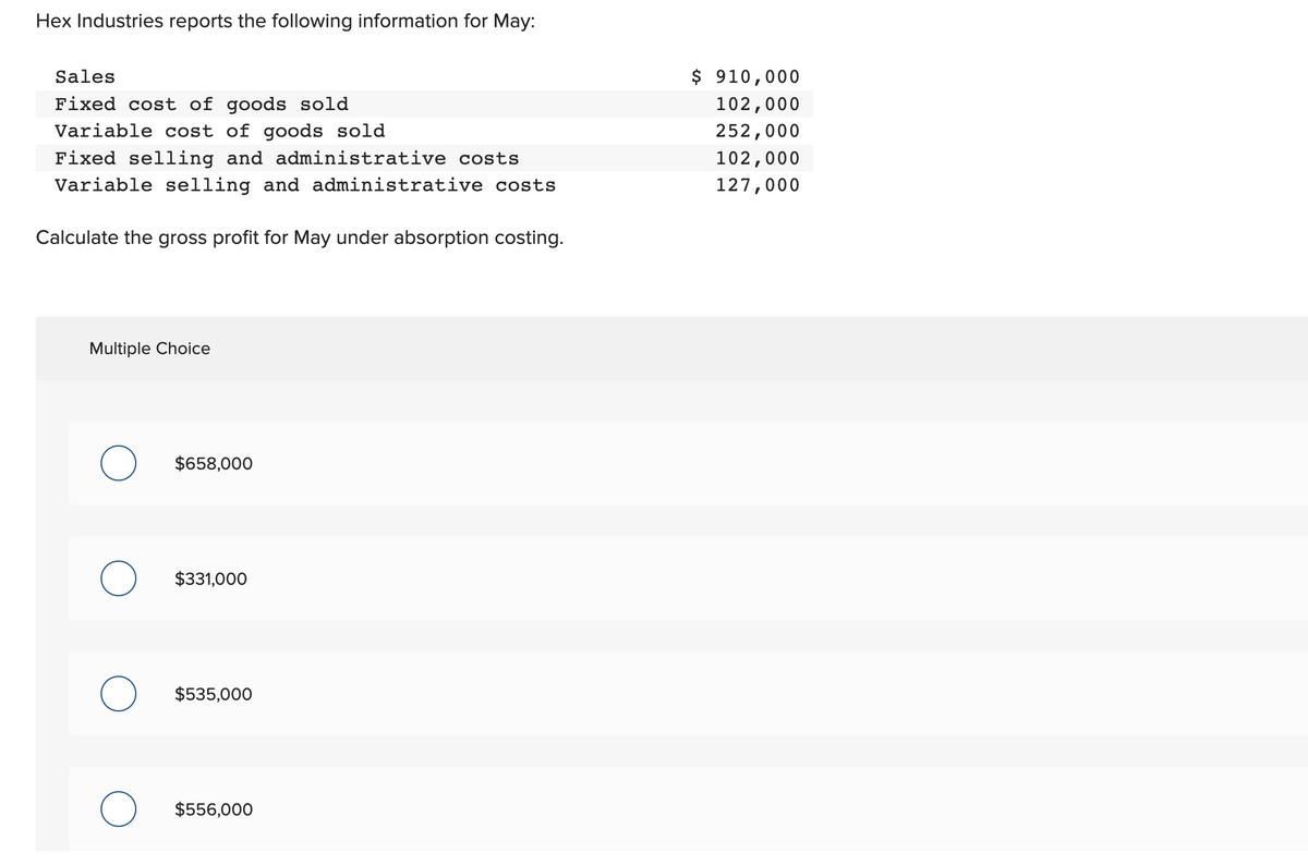 Hex Industries reports the following information for May:
Sales
Fixed cost of goods sold
Variable cost of goods sold
Fixed selling and administrative costs
Variable selling and administrative costs
Calculate the gross profit for May under absorption costing.
Multiple Choice
O $658,000
$331,000
$535,000
O $556,000
$ 910,000
102,000
252,000
102,000
127,000