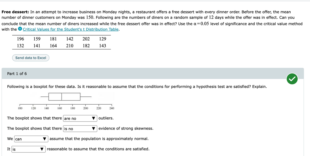 Free dessert: In an attempt to increase business on Monday nights, a restaurant offers a free dessert with every dinner order. Before the offer, the mean
number of dinner customers on Monday was 150. Following are the numbers of diners on a random sample of 12 days while the offer was in effect. Can you
conclude that the mean number of diners increased while the free dessert offer was in effect? Use the a =0.05 level of significance and the critical value method
with the
Critical Values for the Student's t Distribution Table.
196
159
181
142
202
129
132
141
164
210
182
143
Send data to Excel
Part 1 of 6
Following is a boxplot for these data. Is it reasonable to assume that the conditions for performing a hypothesis test are satisfied? Explain.
100
120
140
160
180
200
220
240
The boxplot shows that there are no
outliers.
The boxplot shows that there is no
evidence of strong skewness.
We can
assume that the population is approximately normal.
It is
reasonable to assume that the conditions are satisfied.
