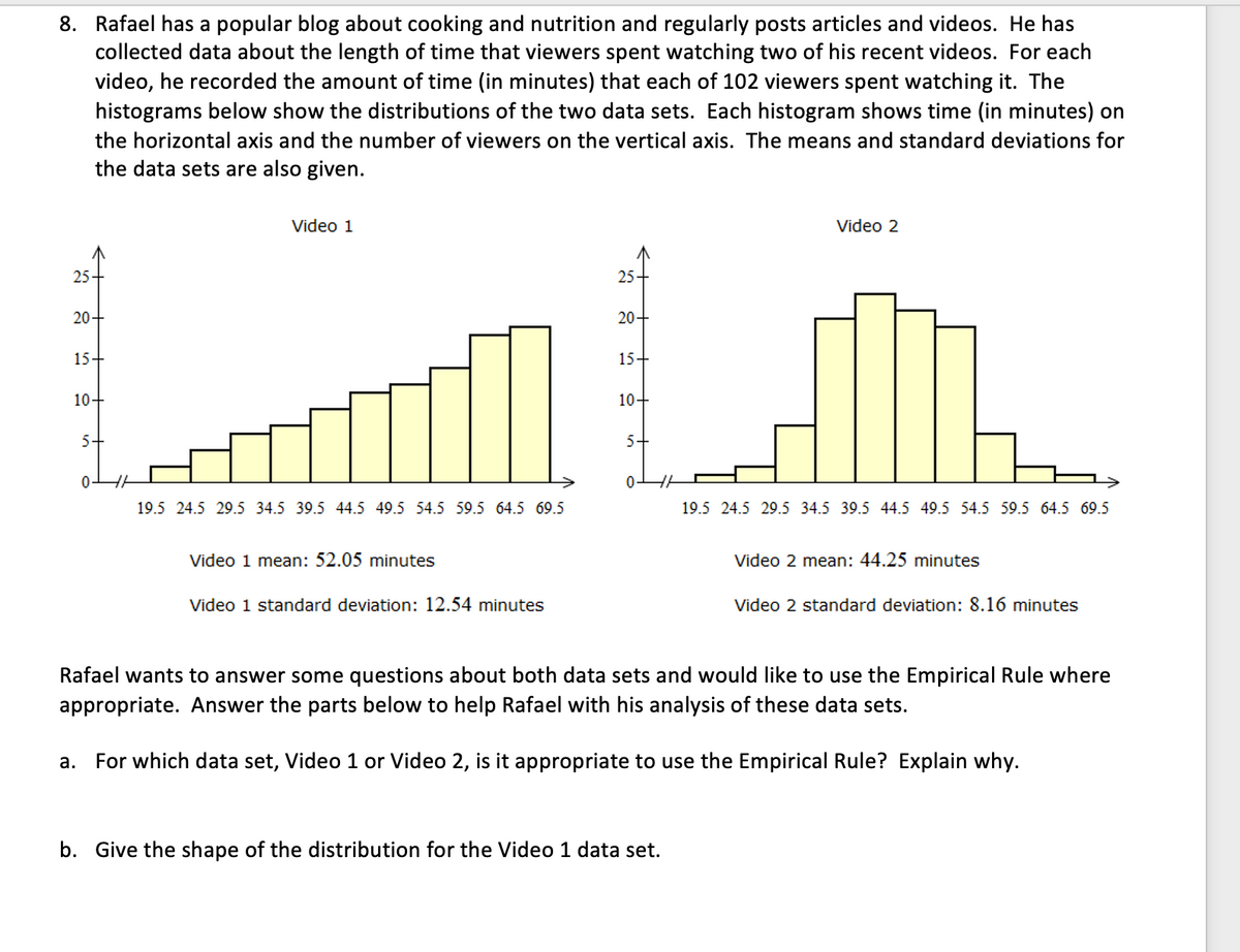 8. Rafael has a popular blog about cooking and nutrition and regularly posts articles and videos. He has
collected data about the length of time that viewers spent watching two of his recent videos. For each
video, he recorded the amount of time (in minutes) that each of 102 viewers spent watching it. The
histograms below show the distributions of the two data sets. Each histogram shows time (in minutes) on
the horizontal axis and the number of viewers on the vertical axis. The means and standard deviations for
the data sets are also given.
Video 1
Video 2
25
25
20+
20+
15+
15+
10+
10+
5+
5+
0-
19.5 24.5 29.5 34.5 39.5 44.5 49.5 54.5 59.5 64.5 69.5
19.5 24.5 29.5 34.5 39.5 44.5 49.5 54.5 59.5 64.5 69.5
Video 1 mean: 52.05 minutes
Video 2 mean: 44.25 minutes
Video 1 standard deviation: 12.54 minutes
Video 2 standard deviation: 8.16 minutes
Rafael wants to answer some questions about both data sets and would like to use the Empirical Rule where
appropriate. Answer the parts below to help Rafael with his analysis of these data sets.
а.
For which data set, Video 1 or Video 2, is it appropriate to use the Empirical Rule? Explain why.
b. Give the shape of the distribution for the Video 1 data set.
