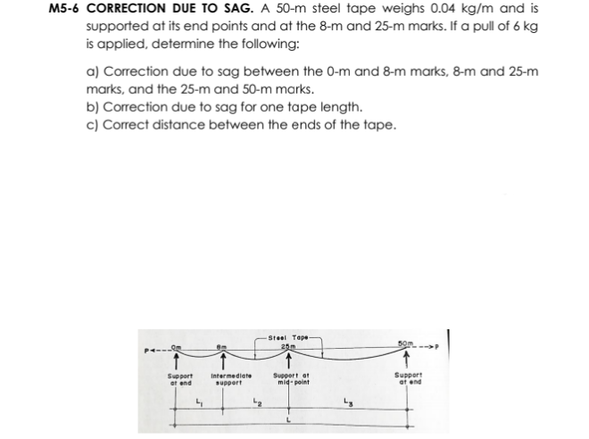 M5-6 CORRECTION DUE TO SAG. A 50-m steel tape weighs 0.04 kg/m and is
supported at its end points and at the 8-m and 25-m marks. If a pull of 6 kg
is applied, detemine the following:
a) Correction due to sag between the 0-m and 8-m marks, 8-m and 25-m
marks, and the 25-m and 50-m marks.
b) Correction due to sag for one tape length.
c) Correct distance between the ends of the tape.
Steel Tepe
25m
Support
at end
Intermediate
suppert
Support at
mid- point
Support
at end

