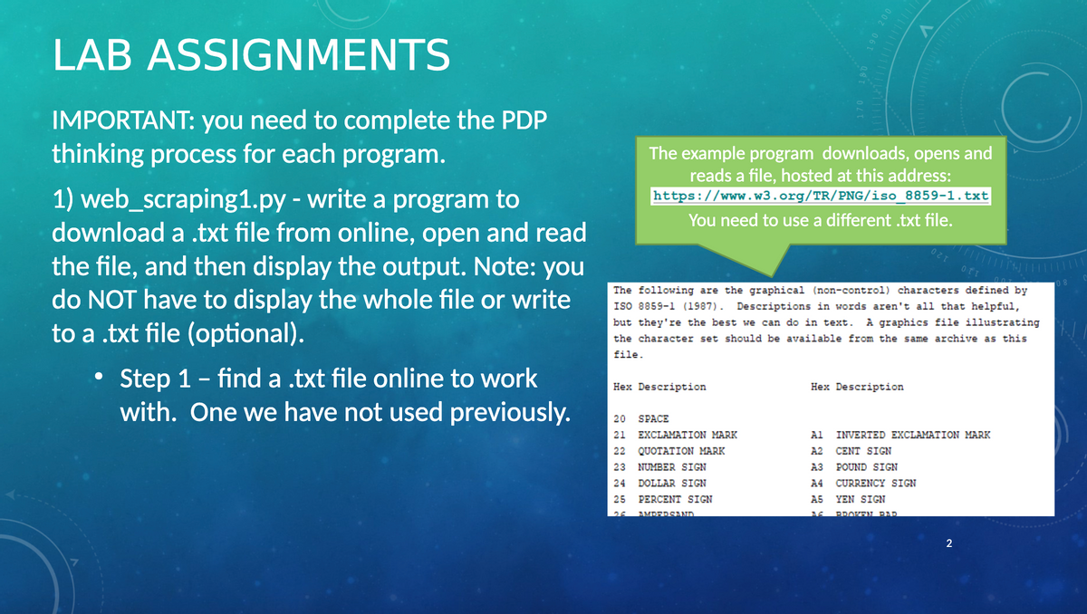LAB ASSIGNMENTS
IMPORTANT: you need to complete the PDP
thinking process for each program.
1) web_scraping1.py - write a program to
download a .txt file from online, open and read
the file, and then display the output. Note: you
do NOT have to display the whole file or write
to a .txt file (optional).
Step 1 - find a .txt file online to work
with. One we have not used previously.
The example program downloads, opens and
reads a file, hosted at this address:
https://www.w3.org/TR/PNG/iso 8859-1.txt
You need to use a different .txt file.
Hex Description
SPACE
190 200
20
21 EXCLAMATION MARK
22 QUOTATION MARK
23
24
25
The following are the graphical (non-control) characters defined by
ISO 8859-1 (1987). Descriptions in words aren't all that helpful,
but they're the best we can do in text. A graphics file illustrating
the character set should be available from the same archive as this
file.
NUMBER SIGN
DOLLAR SIGN
PERCENT SIGN
AMPERSAND
Hex Description
OZT
BROKEN PAR
OTT
Al INVERTED EXCLAMATION MARK
CENT SIGN
A2
A3
POUND SIGN
A4 CURRENCY SIGN
A5
YEN SIGN
2
C
08
