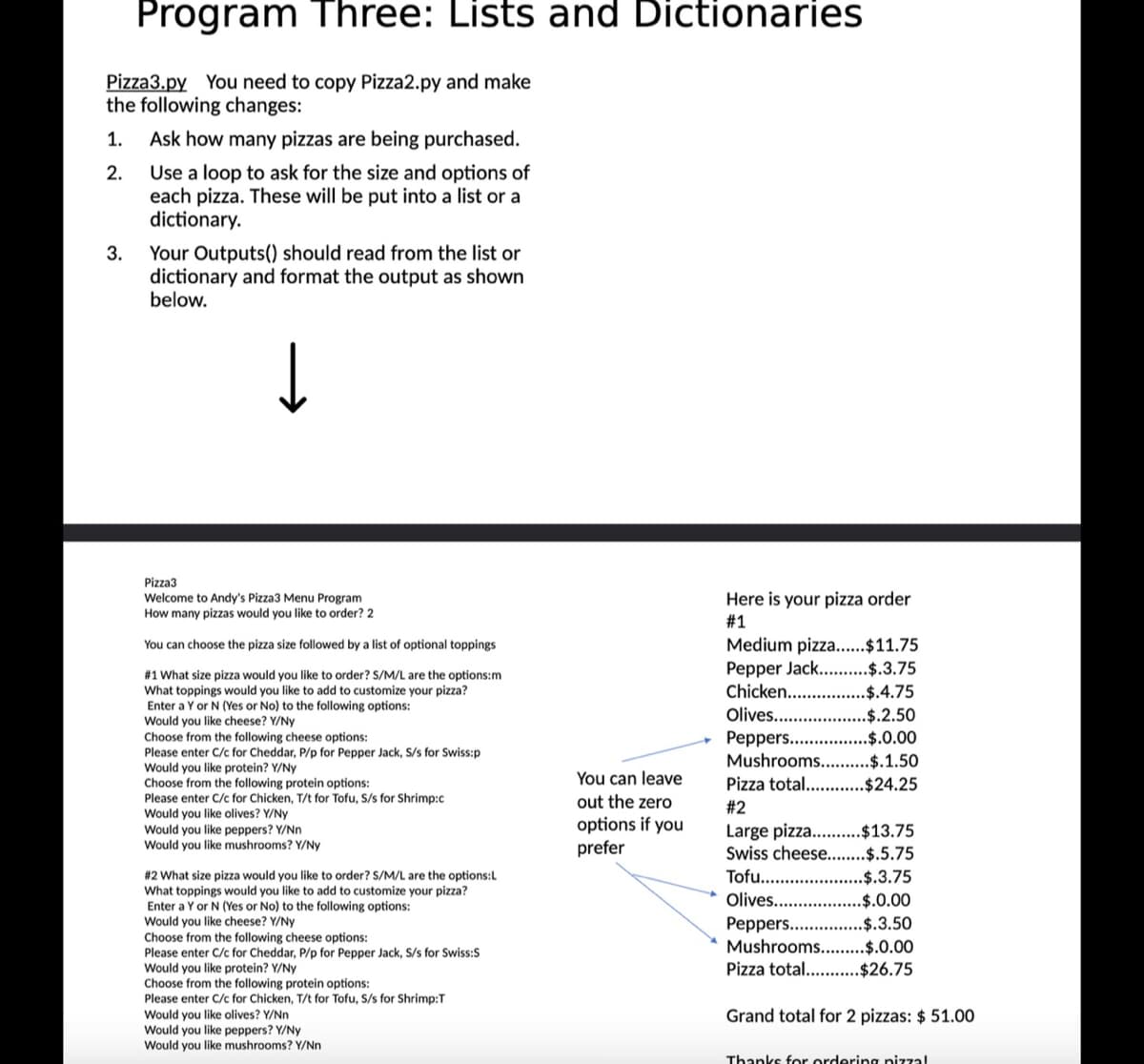 Program Three: Lists and Dictionaries
Pizza3.py You need to copy Pizza2.py and make
the following changes:
2.
1. Ask how many pizzas are being purchased.
Use a loop to ask for the size and options of
each pizza. These will be put into a list or a
dictionary.
3.
Your Outputs() should read from the list or
dictionary and format the output as shown
below.
↓
Pizza3
Welcome to Andy's Pizza3 Menu Program
How many pizzas would you like to order? 2
You can choose the pizza size followed by a list of optional toppings
#1 What size pizza would you like to order? S/M/L are the options:m
What toppings would you like to add to customize your pizza?
Enter a Y or N (Yes or No) to the following options:
Would you like cheese? Y/Ny
Choose from the following cheese options:
Please c
Would you like protein? Y/Ny
Choose from the following protein options:
Please enter C/c for Chicken, T/t for Tofu, S/s for Shrimp:c
enter C/c for Cheddar, P/p for Pepper Jack, S/s for Swiss:p
Would you like olives? Y/Ny
Would you like peppers? Y/Nn
Would you like mushrooms? Y/Ny
#2 What size pizza would you like to order? S/M/L are the options:L
What toppings would you like to add to customize your pizza?
Enter a Y or N (Yes or No) to the following options:
Would you like cheese? Y/Ny
Choose from the following cheese options:
Please enter C/c for Cheddar, P/p for Pepper Jack, S/s for Swiss:S
Would you like protein? Y/Ny
Choose from the following protein options:
Please enter C/c for Chicken, T/t for Tofu, S/s for Shrimp:T
Would you like olives? Y/Nn
Would you like peppers? Y/Ny
Would you like mushrooms? Y/Nn
You can leave
out the zero
options if you
prefer
Here is your pizza order
#1
Medium pizza...... $11.75
Pepper Jack..
.$.3.75
.$.4.75
.$.2.50
.$.0.00
.$.1.50
Pizza total....... .$24.25
#2
Large pizza......$13.75
Swiss cheese........$.5.75
Tofu.....
Olives....
Chicken........
Olives......
Peppers..........
Mushrooms..
.$.3.75
.$.0.00
Peppers......... .$.3.50
Mushrooms... $.0.00
Pizza total...........$26.75
Grand total for 2 pizzas: $ 51.00
Thanks for ordering pizza!