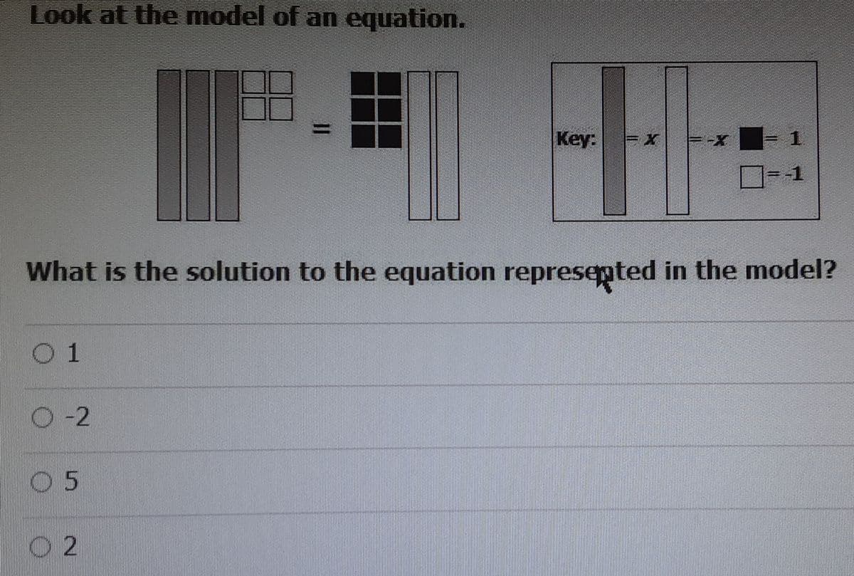 Look at the model of an equation.
Key:
-1
What is the solution to the equation represepted in the model?
01
O-2
0 5
O 2
