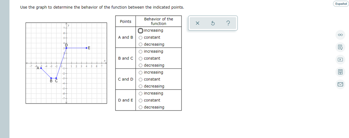 Español
Use the graph to determine the behavior of the function between the indicated points.
Behavior of the
Points
function
Oincreasing
00
A and B
O constant
O decreasing
O increasing
B and C
O constant
O decreasing
-2
2.
O increasing
C and D
O constant
O decreasing
O increasing
D and E
O constant
O decreasing
