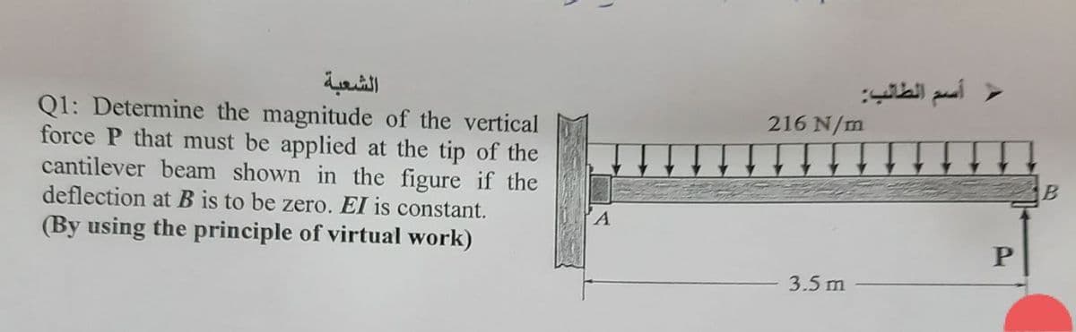 - اسم الطالب:
الشعبة
Q1: Determine the magnitude of the vertical
force P that must be applied at the tip of the
cantilever beam shown in the figure if the
deflection at B is to be zero. EI is constant.
216 N/m
(By using the principle of virtual work)
3.5 m
P.
