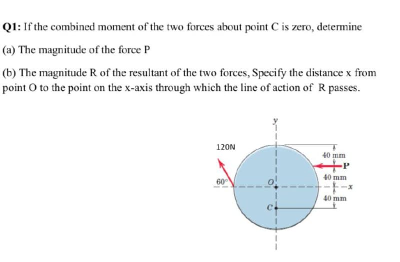 Q1: If the combined moment of the two forces about point C is zero, determine
(a) The magnitude of the force P
(b) The magnitude R of the resultant of the two forces, Specify the distance x from
point O to the point on the x-axis through which the line of action of R passes.
120N
40 mm
40 mm
60
40 mm
