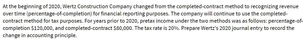 At the beginning of 2020, Wertz Construction Company changed from the completed-contract method to recognizing revenue
over time (percentage-of-completion) for financial reporting purposes. The company will continue to use the completed-
contract method for tax purposes. For years prior to 2020, pretax income under the two methods was as follows: percentage-of-
completion $120,000, and completed-contract $80,000. The tax rate is 20%. Prepare Wertz's 2020 journal entry to record the
change in accounting principle.
