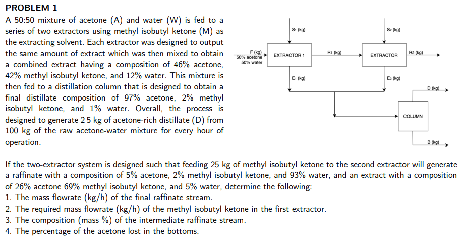 PROBLEM 1
A 50:50 mixture of acetone (A) and water (W) is fed to a
series of two extractors using methyl isobutyl ketone (M) as
the extracting solvent. Each extractor was designed to output
the same amount of extract which was then mixed to obtain
Si (kg)
Sa (kg)
F (kg)
50% acetone
RI (kg)
R2 (kg)
EXTRACTOR 1
EXTRACTOR
a combined extract having a composition of 46% acetone,
42% methyl isobutyl ketone, and 12% water. This mixture is
then fed to a distillation column that is designed to obtain a
final distillate composition of 97% acetone, 2% methyl
isobutyl ketone, and 1% water. Overall, the process is
designed to generate 25 kg of acetone-rich distillate (D) from
100 kg of the raw acetone-water mixture for every hour of
50% water
Ei (kg)
E (kg)
D (ka)
COLUMN
operation.
B (kg)
If the two-extractor system is designed such that feeding 25 kg of methyl isobutyl ketone to the second extractor will generate
a raffinate with a composition of 5% acetone, 2% methyl isobutyl ketone, and 93% water, and an extract with a composition
of 26% acetone 69% methyl isobutyl ketone, and 5% water, determine the following:
1. The mass flowrate (kg/h) of the final raffinate stream.
2. The required mass flowrate (kg/h) of the methyl isobutyl ketone in the first extractor.
3. The composition (mass %) of the intermediate raffinate stream.
4. The percentage of the acetone lost in the bottoms.
